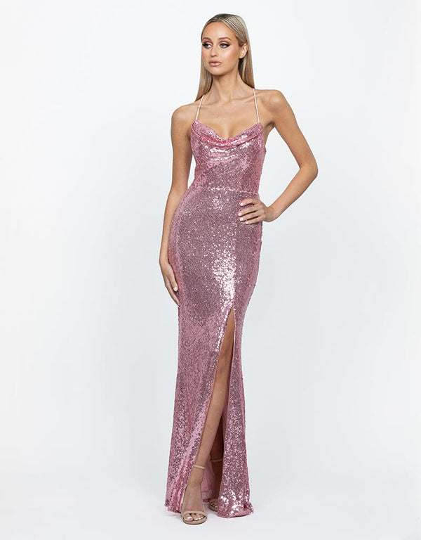 Bariano - Cowl Draped Sequin Gown