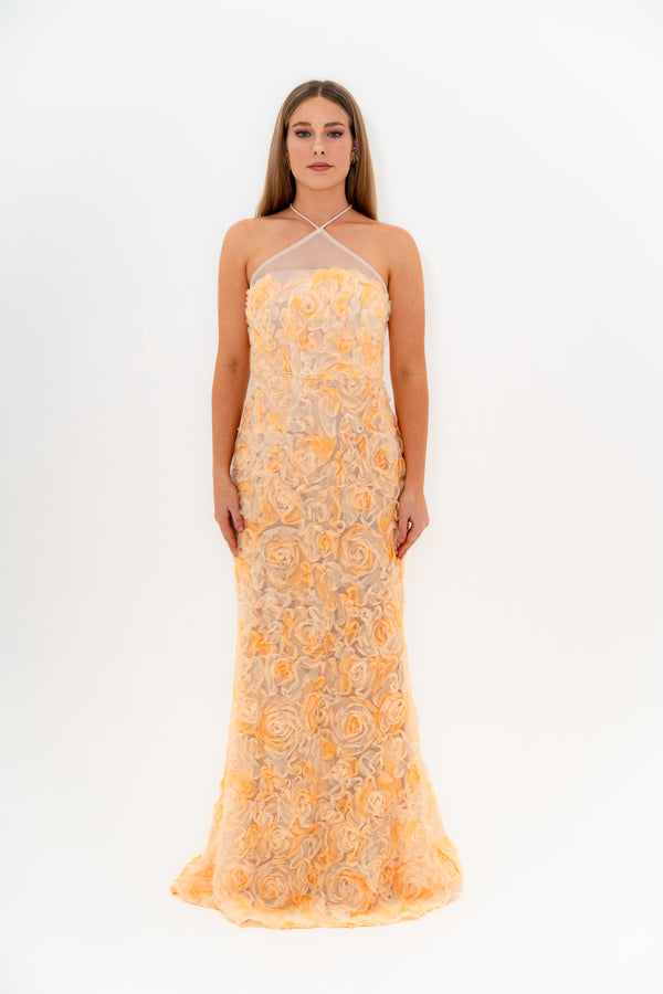 Bariano - Floral Appliqued Fishtail Gown