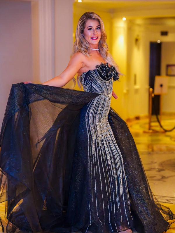 Belle Le Chic - Silver Beaded Sculptured Pageant Gown