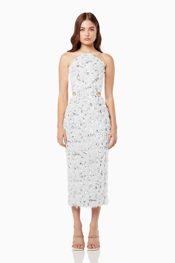 Elliatt - Feather & Sequin Halter Neck Midi