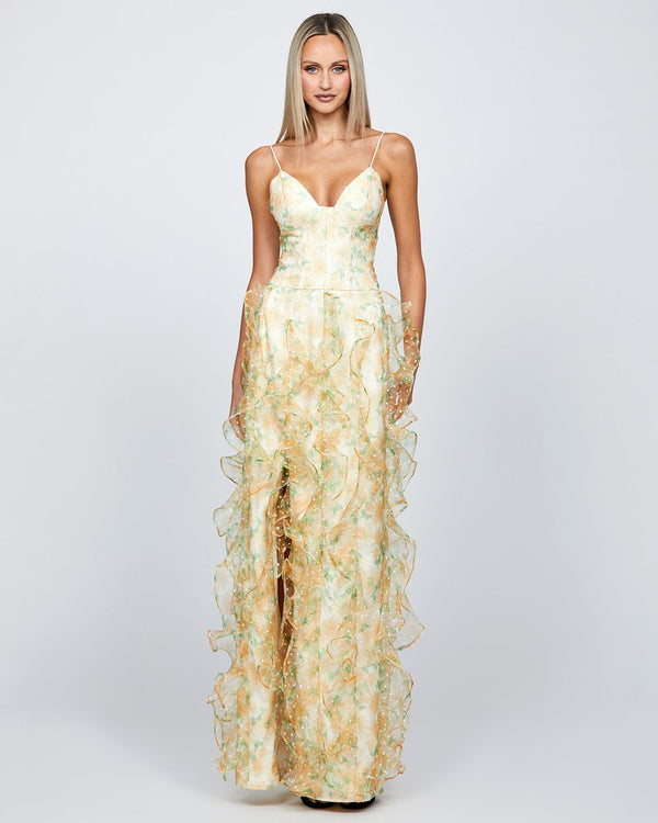 Bariano - Plunging Organza Frill Gown