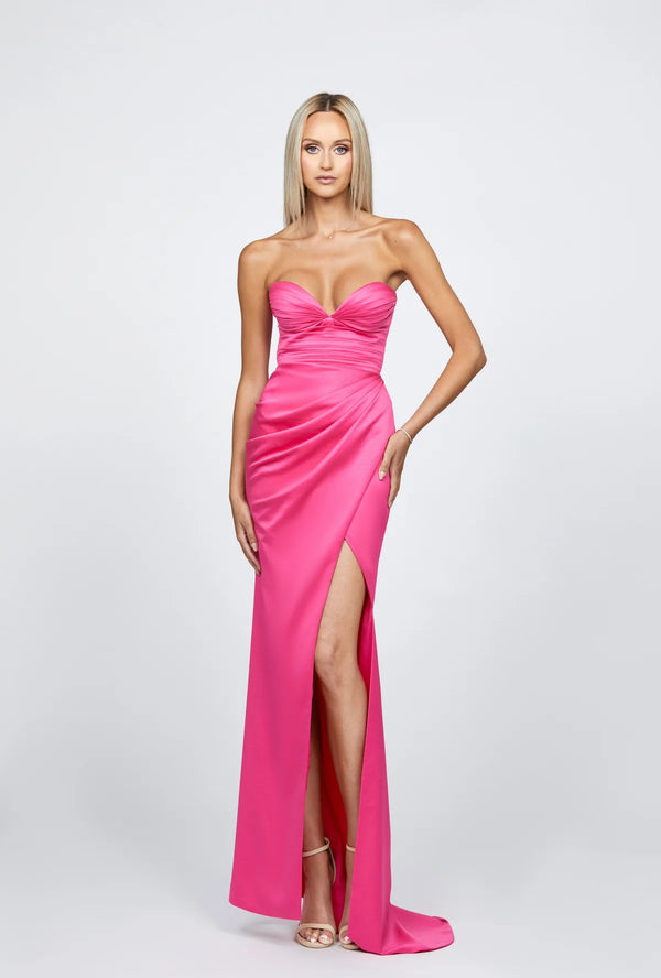 Bariano – Strapless Satin High Split Gown