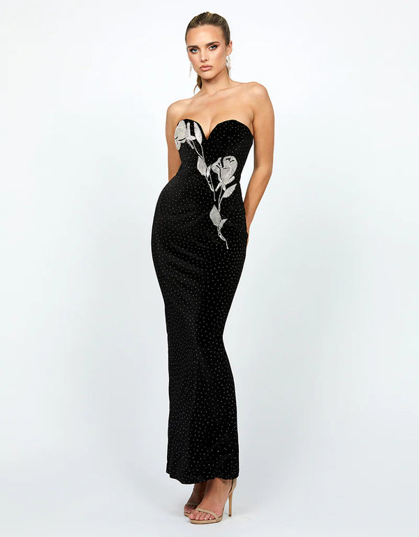 Bariano - Strapless Velvet Embellished Gown